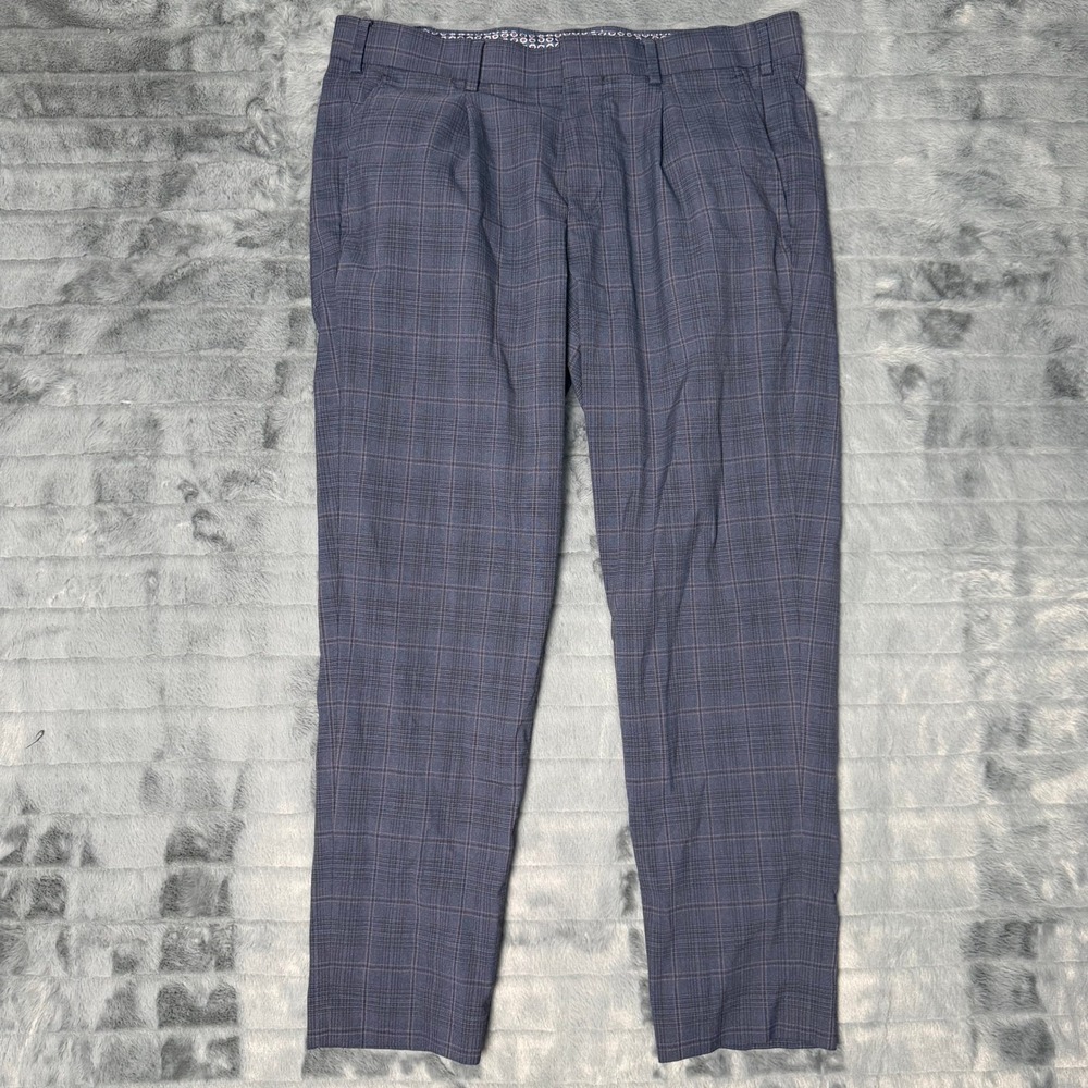 Murano Lucas Fit Dress Pants Mens 34x30 Blue Plaid Pleated Stretch Trousers